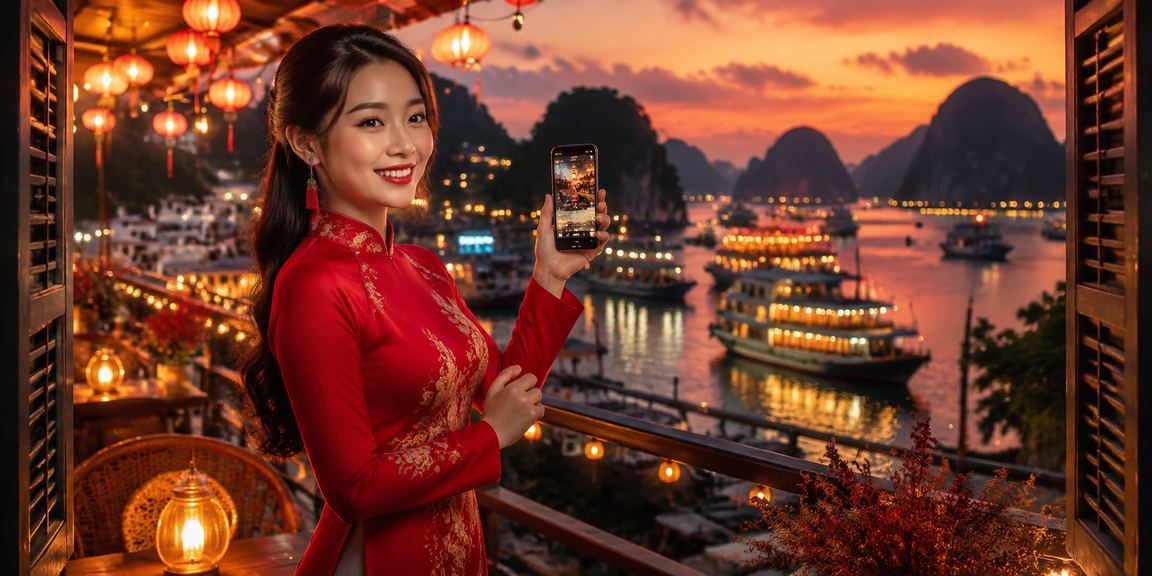 Người dùng tại Vịnh Hạ Long trải nghiệm casino trên điện thoại với trang phục áo dài truyền thống